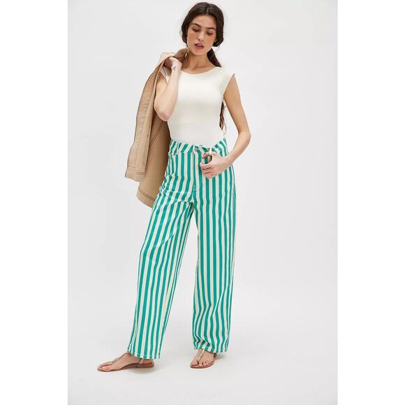 Free People The Tiny Big Sister Striped Berta Long Jeans NEW $192! - Picture 1 of 5